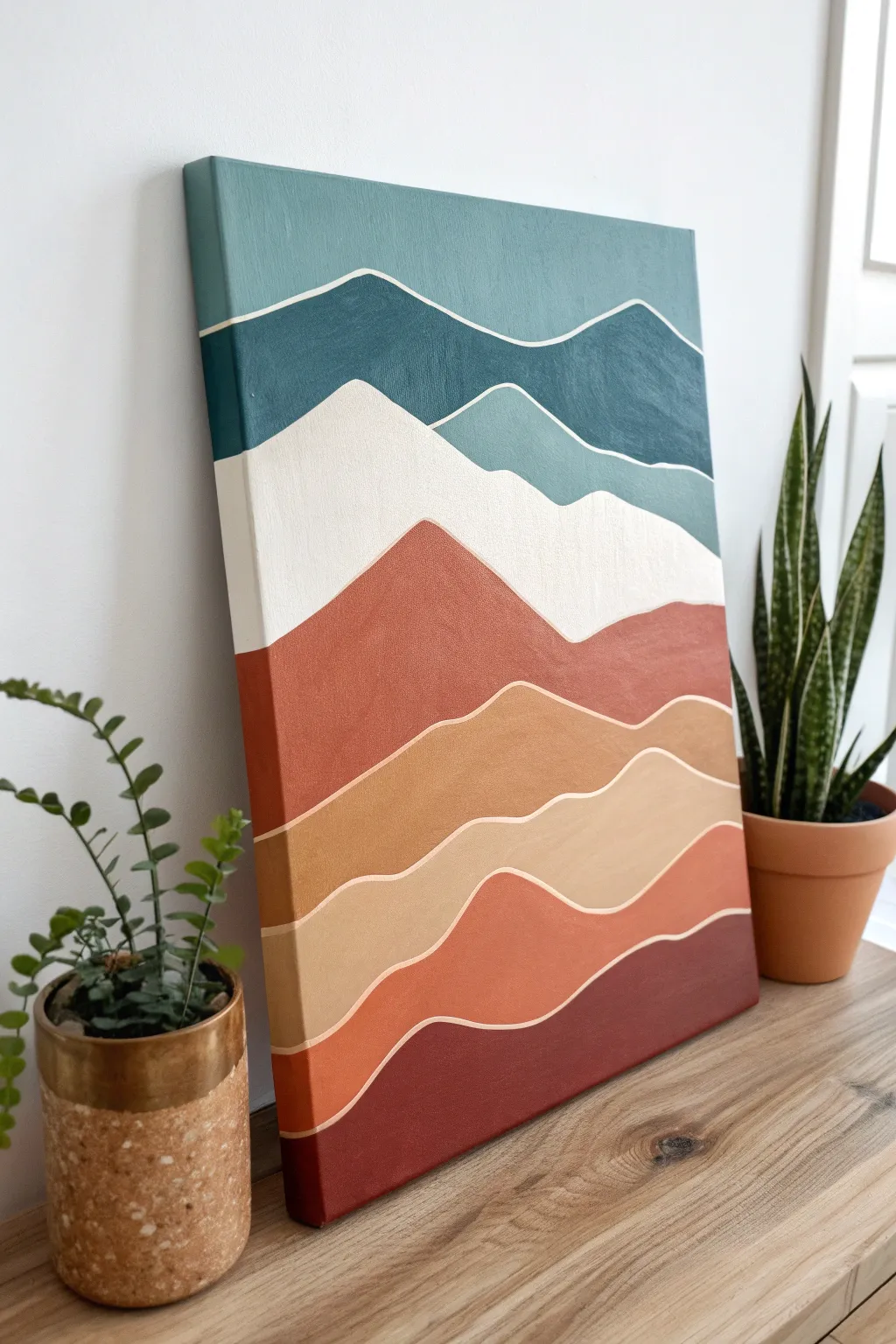 Layered mountain landscape DIY painting in bold earthy tones, minimal and cozy beginner inspiration