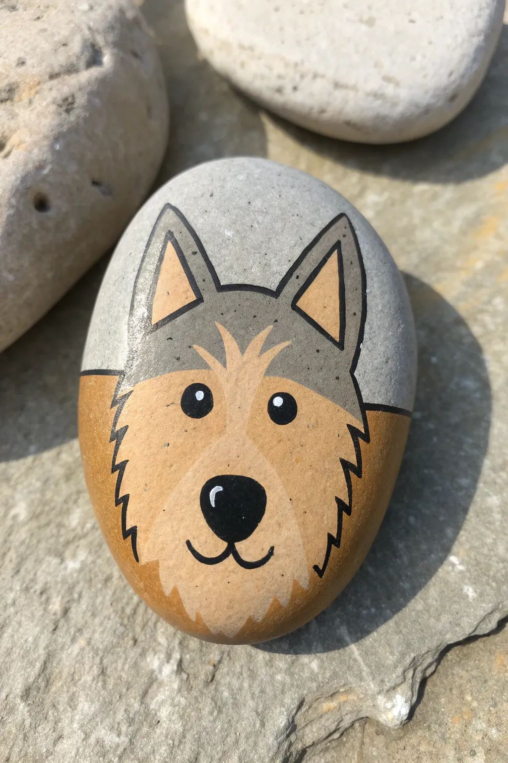 Easy pointy-eared terrier rock paint design in tan and gray, bold black outlines, clean boho minimal.