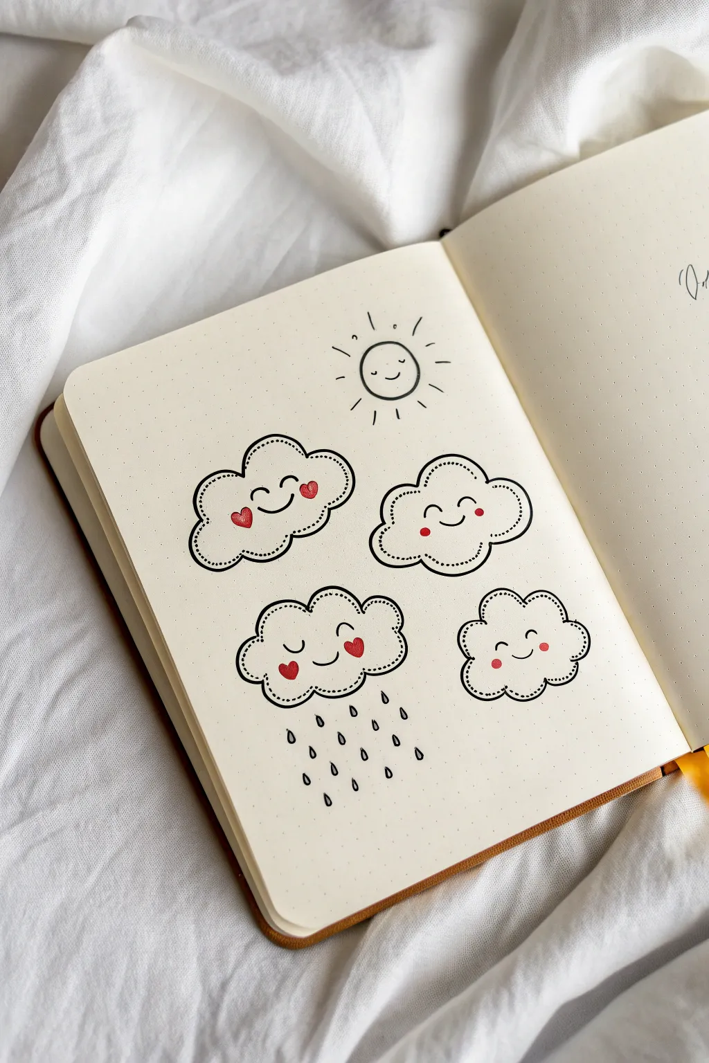 Cute cloud face doodles with a sunny pop of color, minimalist and cozy for easy sketching