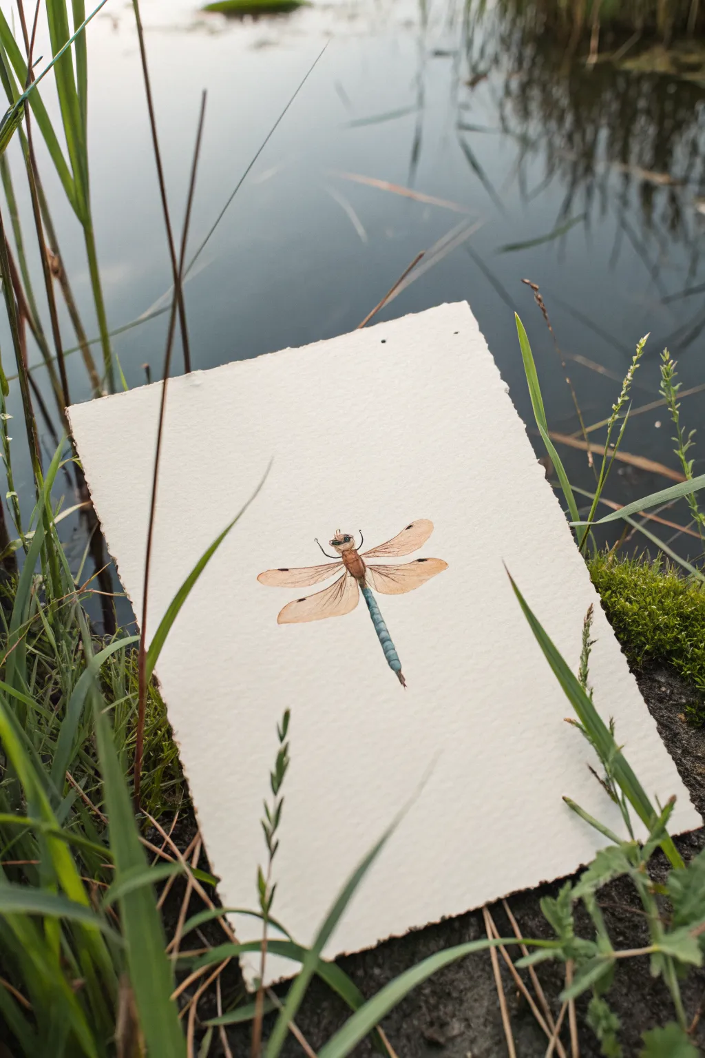 Minimal pond lines with a bold dragonfly hover create an easy, calming Scandinavian painting idea.