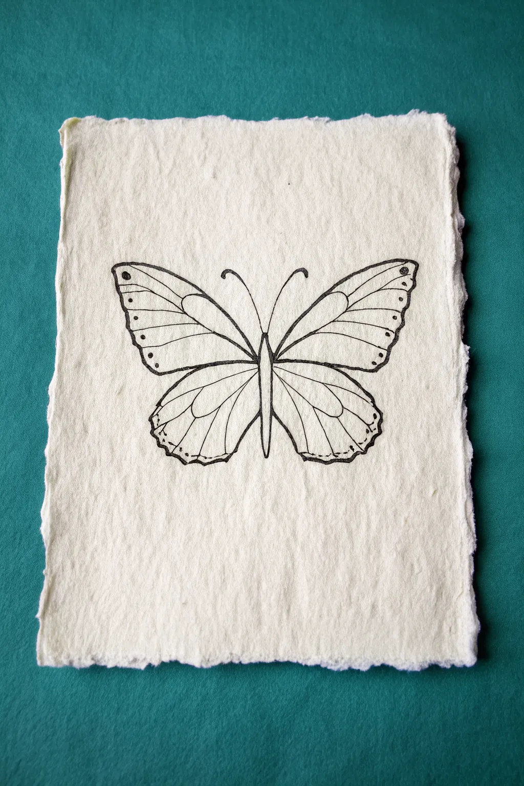 Clean symmetrical butterfly wing outline, bold ink on warm paper for an easy minimalist draw.
