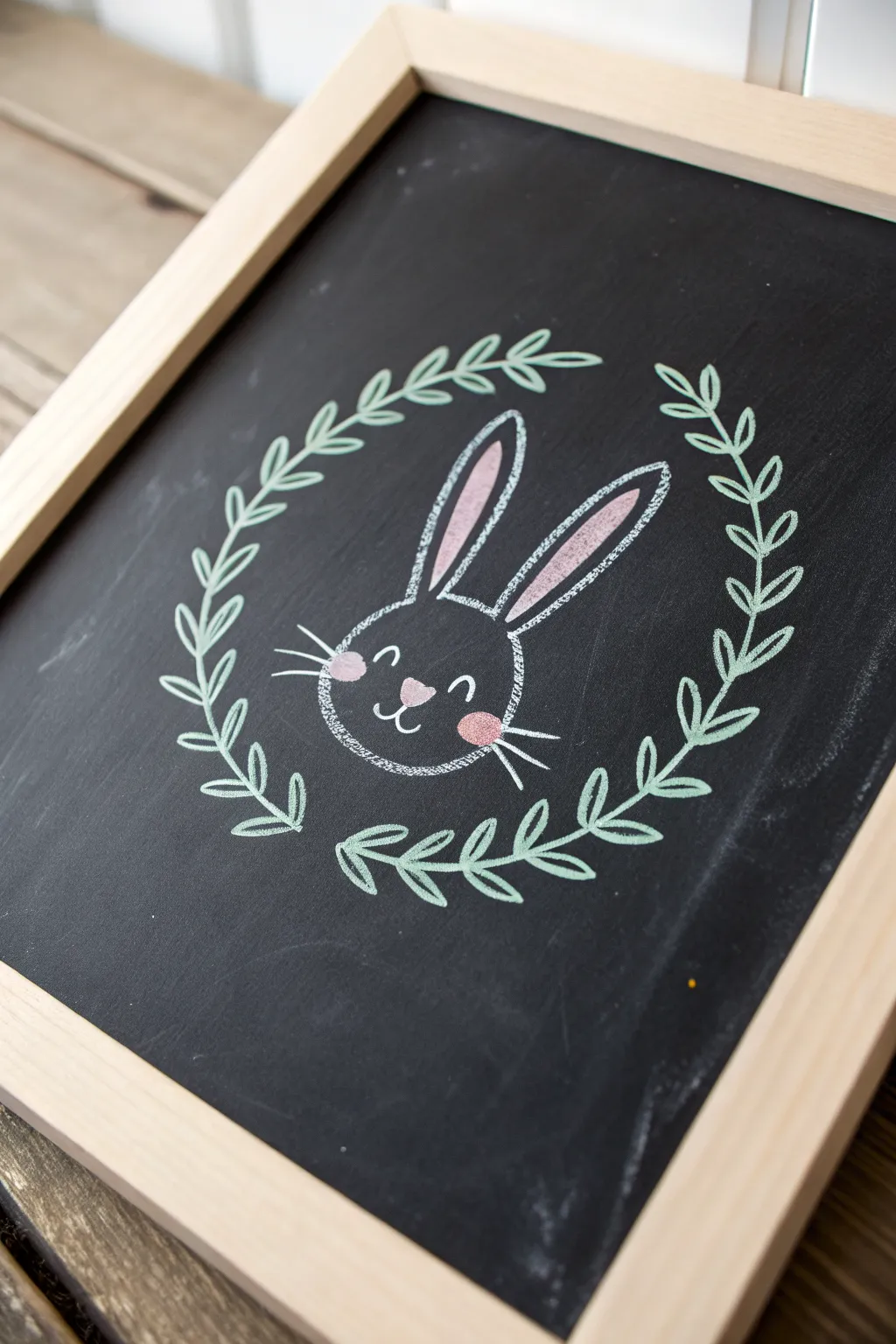 Easy Easter chalk art: a simple bunny face framed by a spring wreath in soft sage green