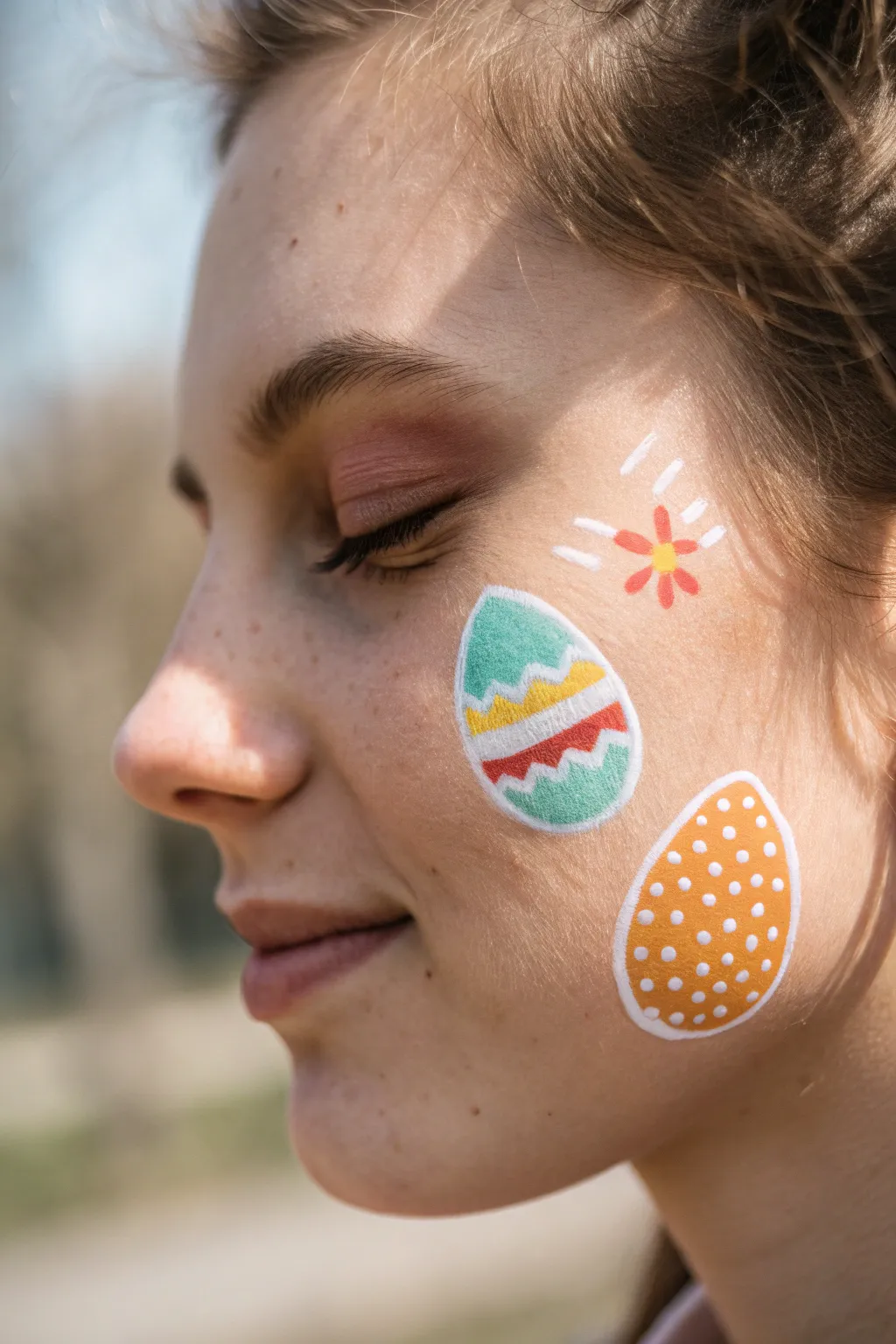 Two tiny Easter eggs on one cheek, simple zigzags and polka dots in bold minimalist color.