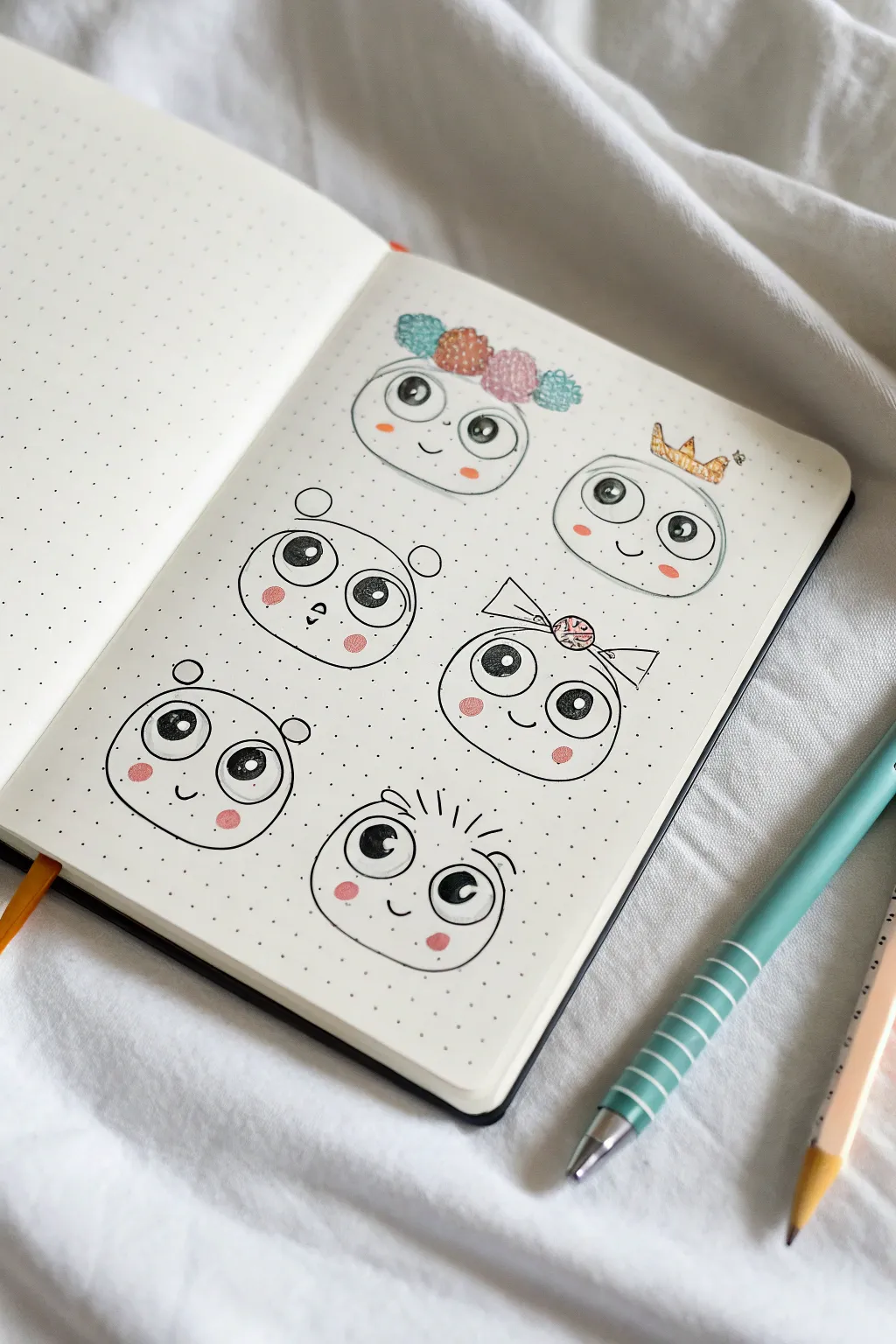 Cute big-eyed cartoon face practice sheet, minimalist and beginner-friendly with bold color accents