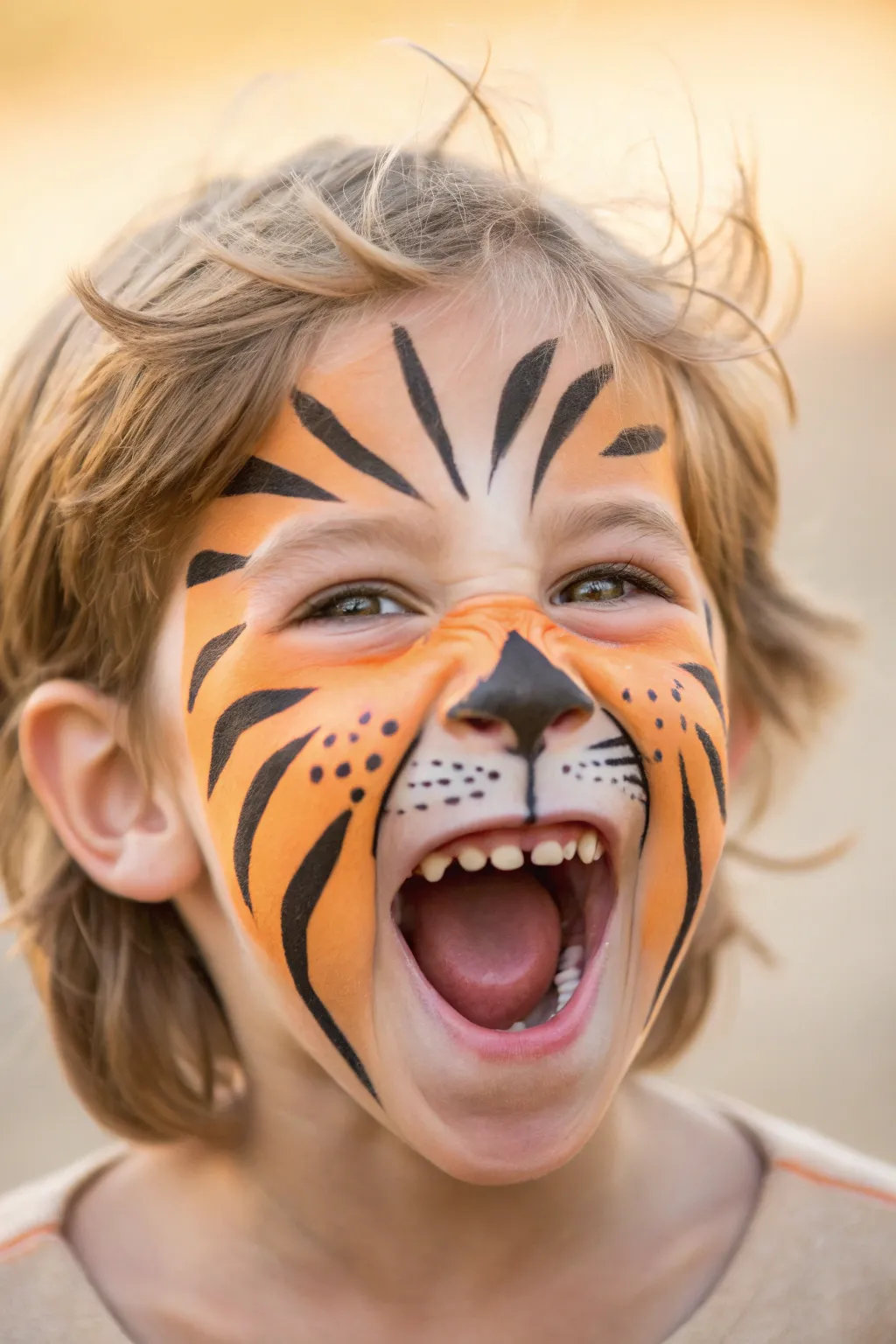 Easy tiger face paint for kids: bold black stripes and a bright orange roar nose, close-up.