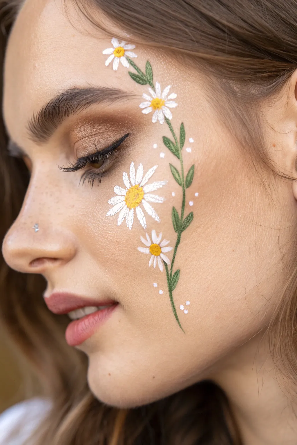 Quick daisy cluster cheek paint: crisp white petals, sunny yellow centers, and tiny green leaves