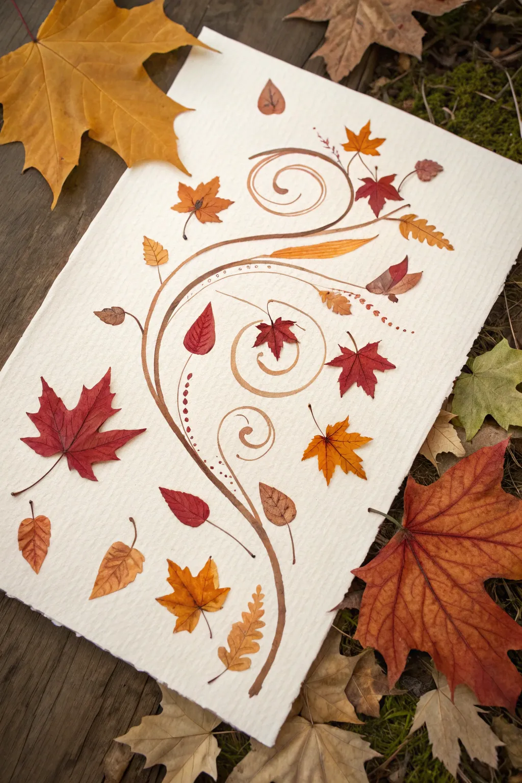 Falling leaves in a breezy swirl, simple warm-toned silhouettes on crisp ivory paper