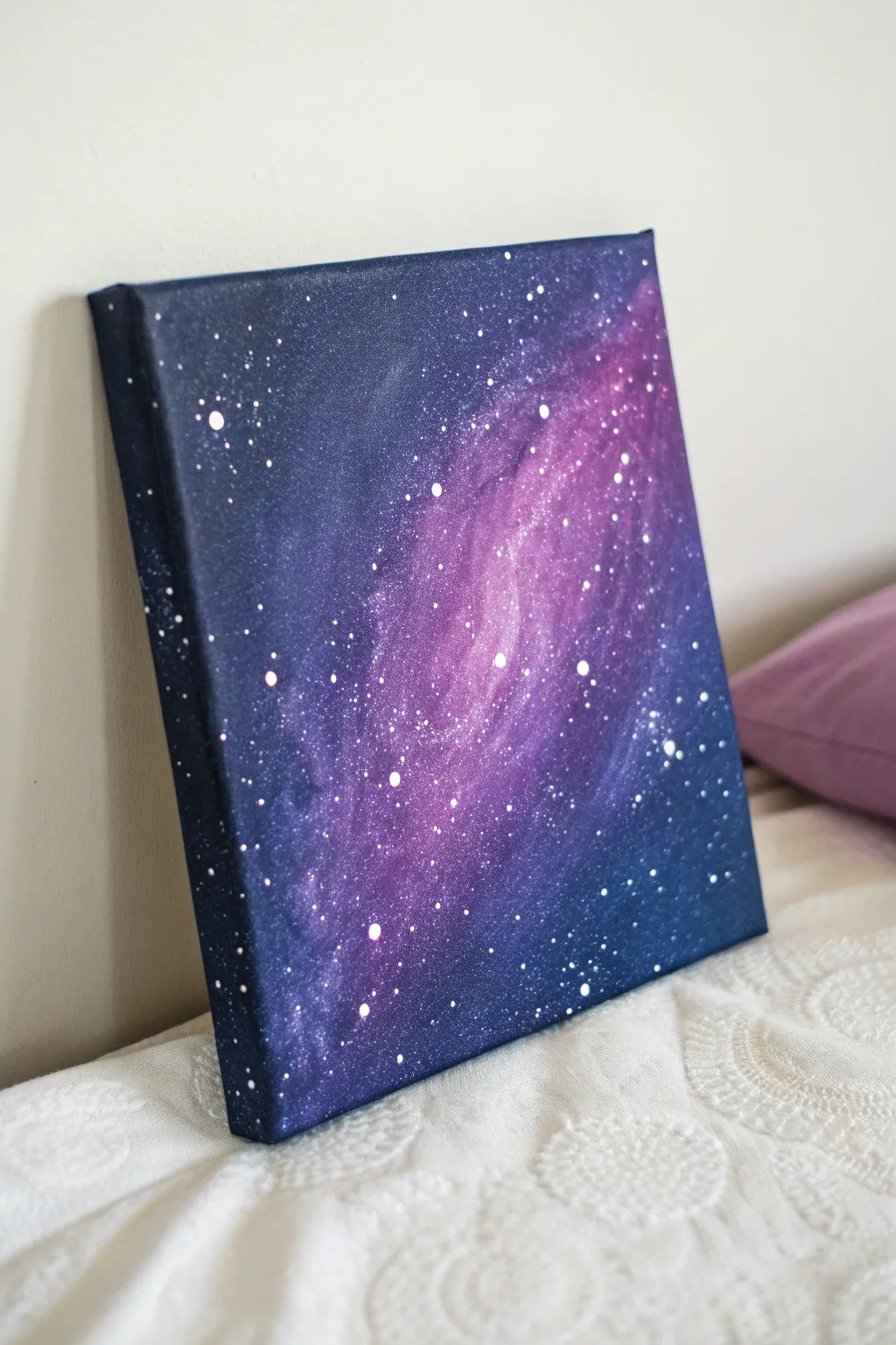 Create a dreamy Starry Night galaxy canvas with bold splatter stars and a soft nebula swirl
