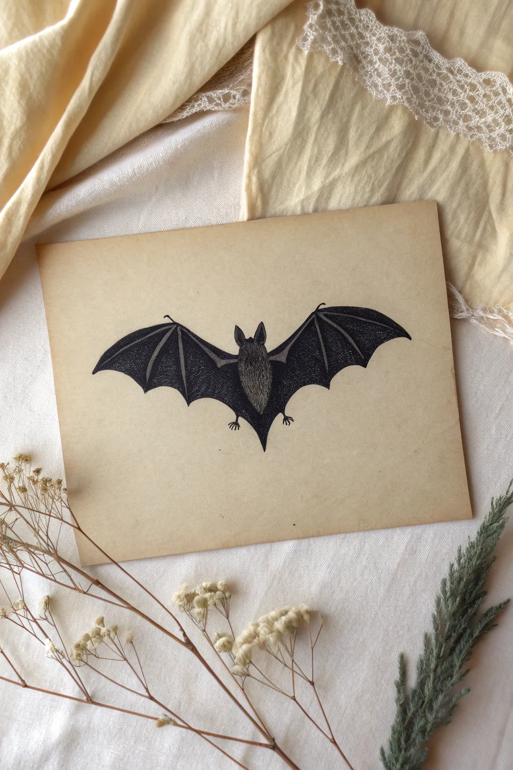 Minimalist goth bat silhouette with spread wings, bold black ink on warm handmade paper