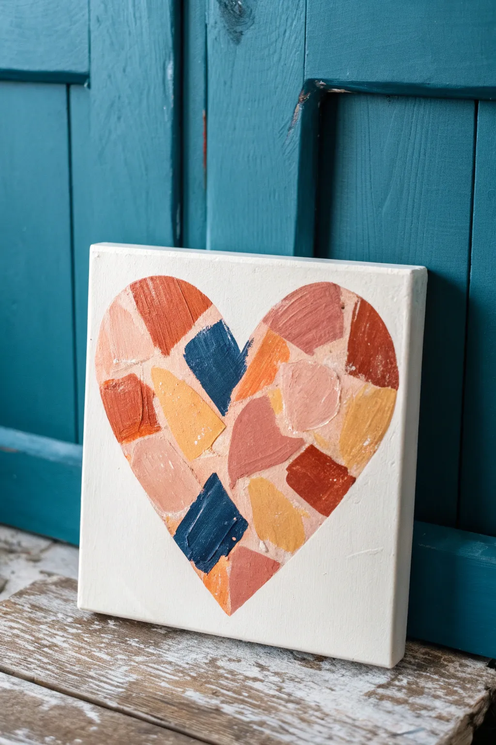 Chunky color blocks form a modern acrylic heart perfect for easy, bold, minimalist wall art.