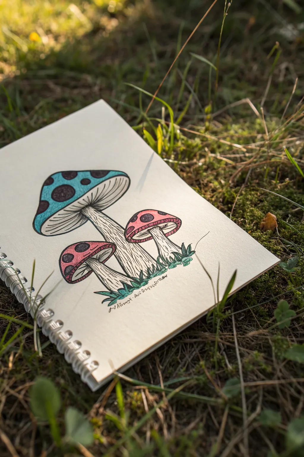 Trippy big-spot mushrooms in teal, magenta, and mustard for an easy hippie doodle