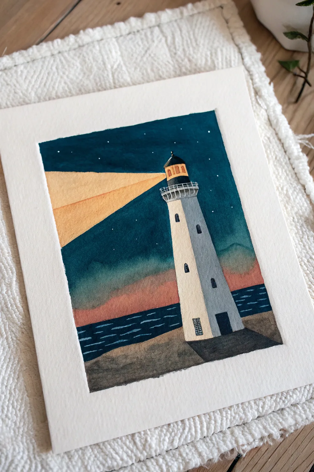 Simple dusk lighthouse painting with a bold glowing beam, minimalist lines and cozy Scandinavian boho colors.