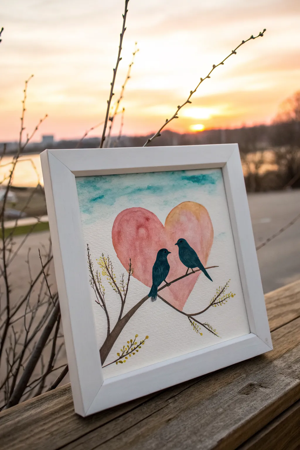 Easy love birds painting idea: two bold birds on a branch forming a subtle heart