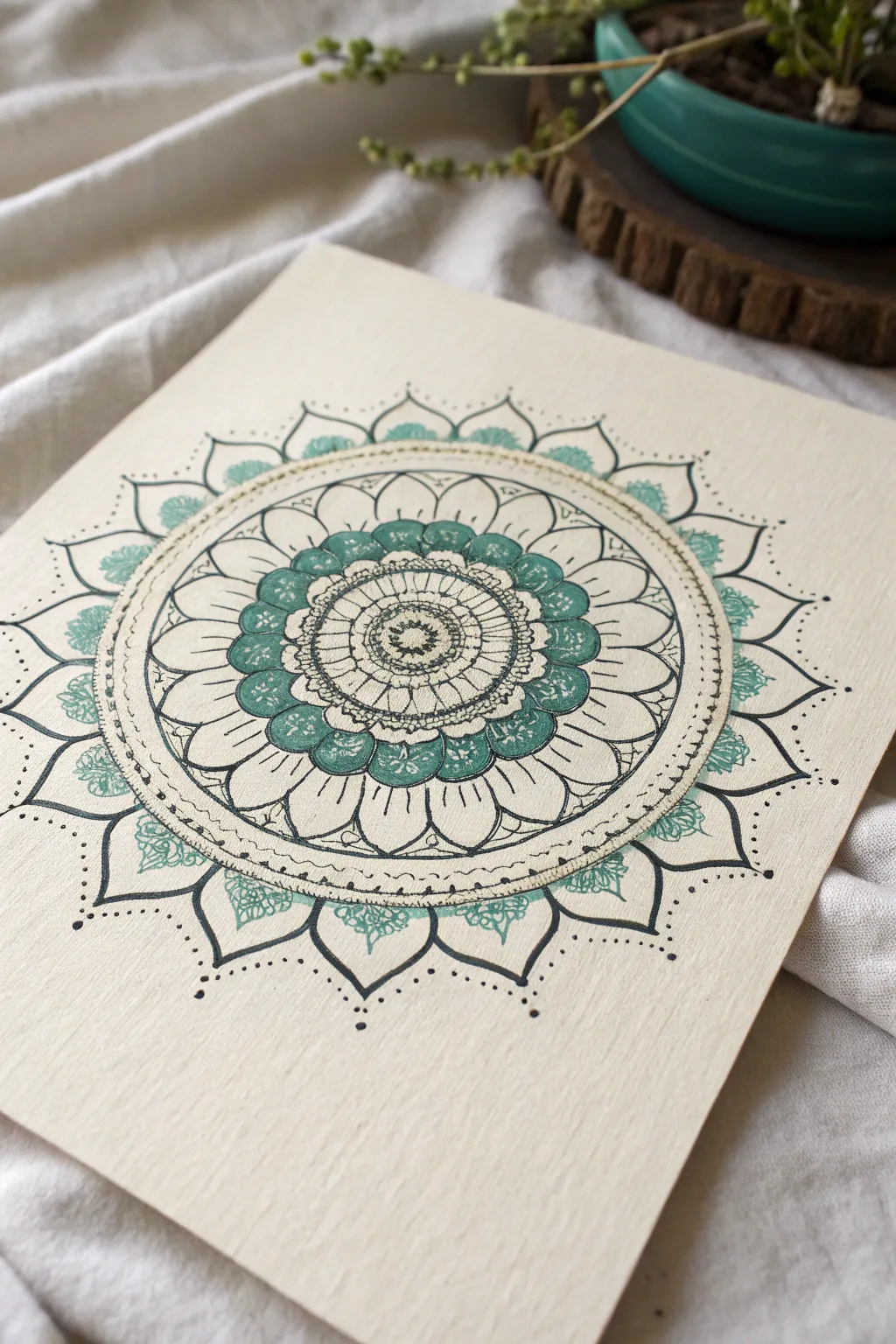 Scallop lace border mandala with dotted inner ring, minimal lines and bold contrast