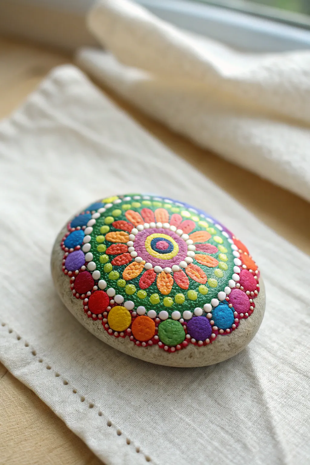 Rainbow Ring Mandala rock: bold dot rings flowing through every color on a clean Nordic-boho backdrop
