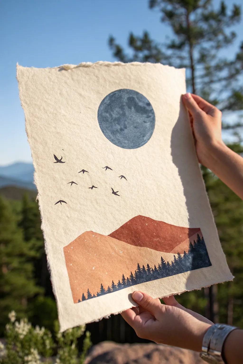 Big moon, tiny birds: serene minimalist landscape drawing idea with bold Scandinavian contrast