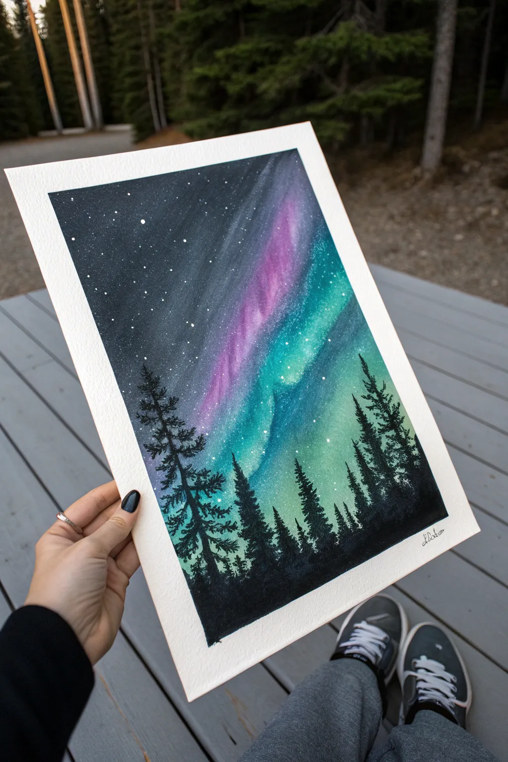 No-stress two-color aurora: teal and purple ribbons over a simple black silhouette, Nordic-minimal vibes