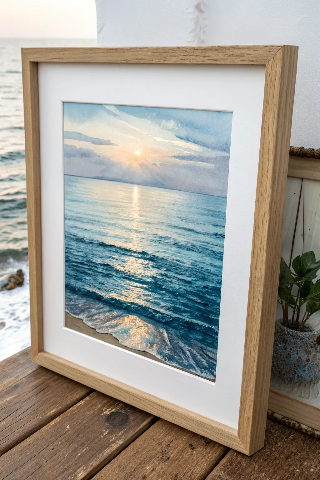 Calm ocean painting with a clean horizon and a single glowing reflection path