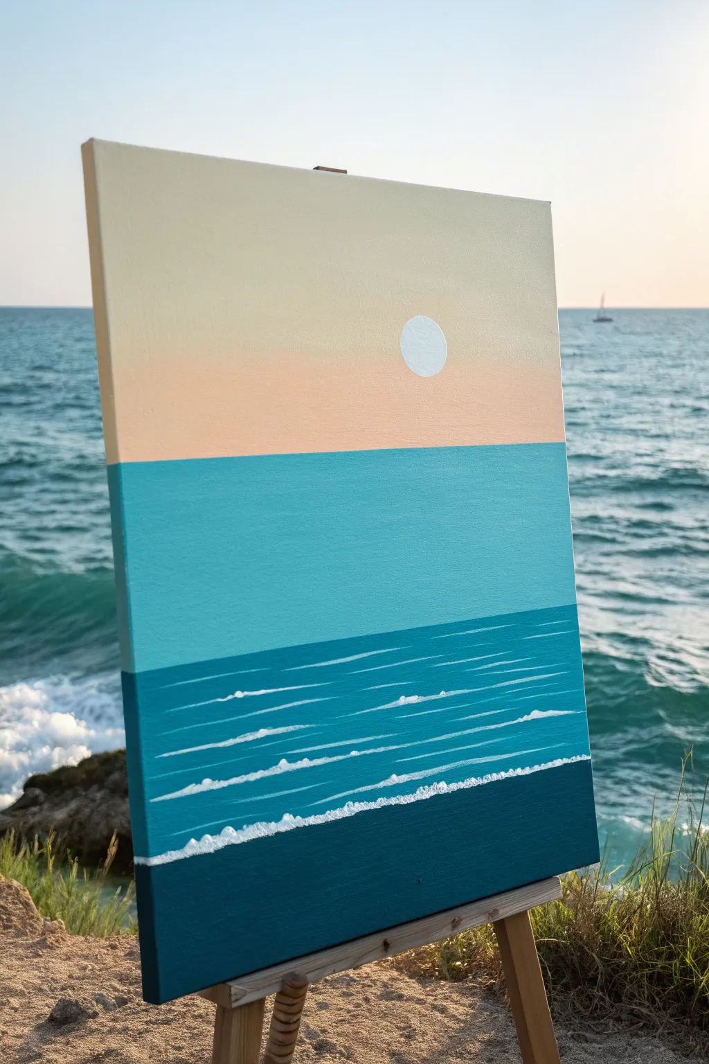 Minimal two-tone ocean horizon painting with a bright centered sun for an easy calming DIY