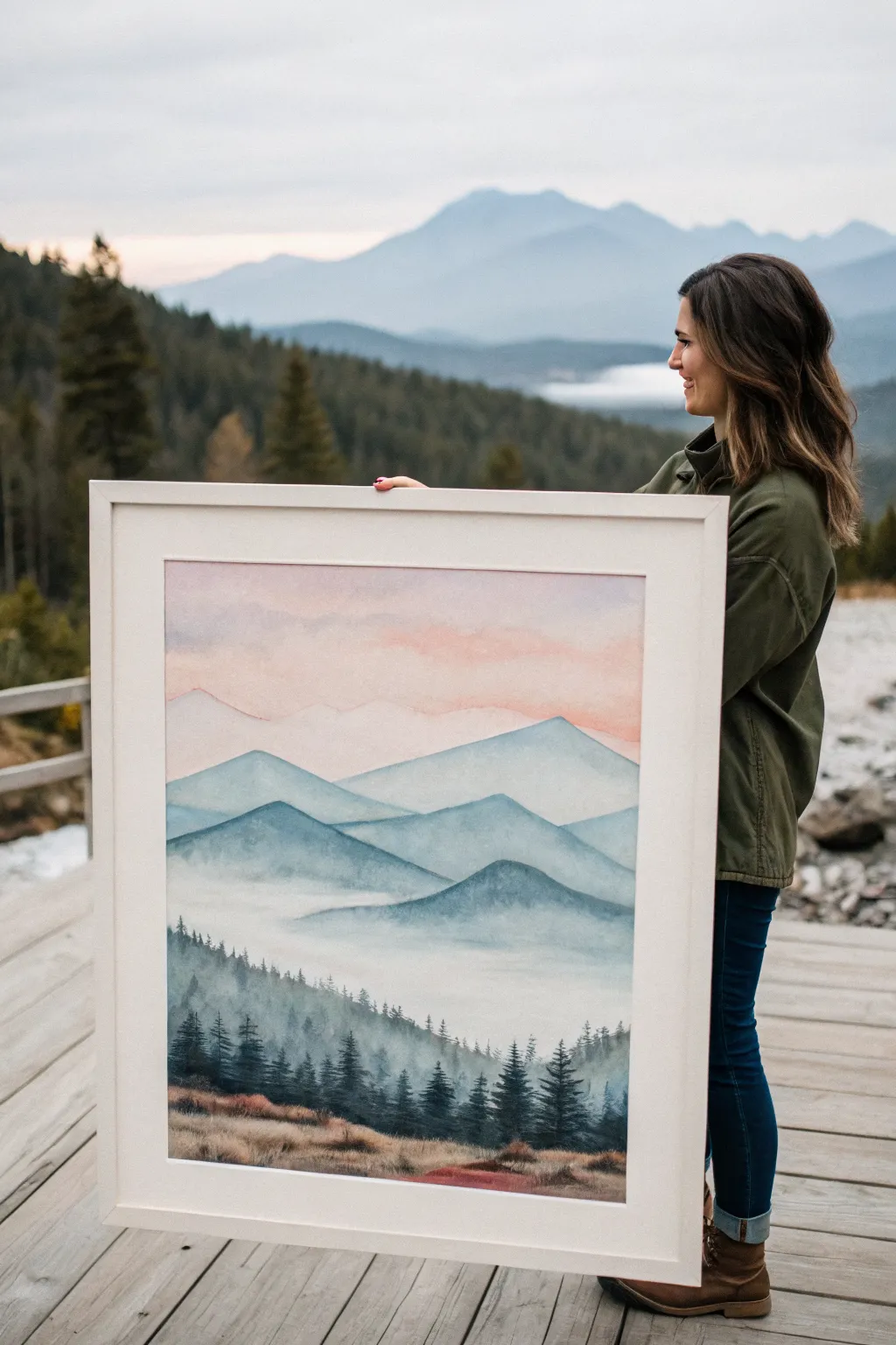 Simple layered mountain painting idea with a soft mist band for depth and bold minimal color