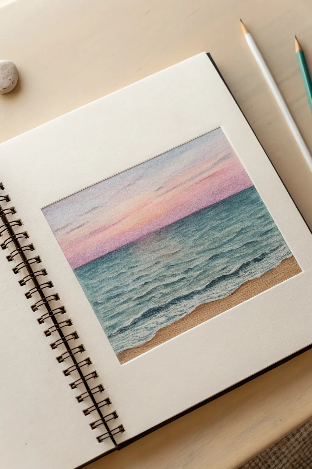 Calm pastel ocean with two easy blended bands and a crisp horizon for beginner-friendly practice.