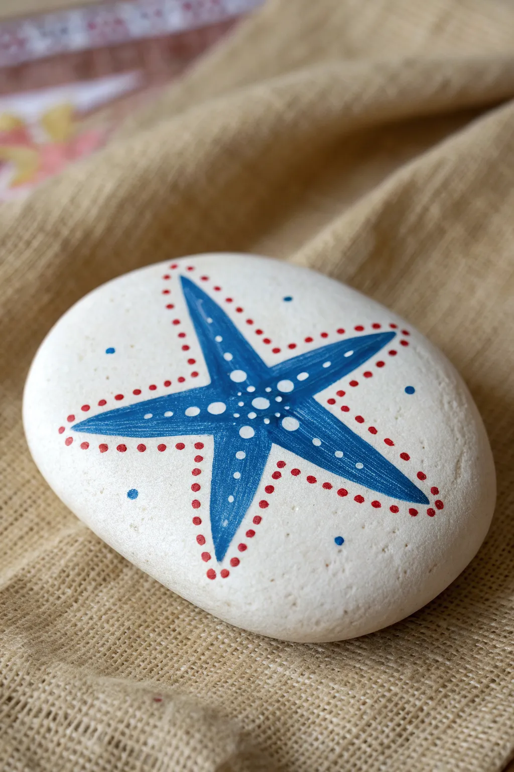 Single bold blue star on a white rock with red dots, an easy patriotic craft flat lay