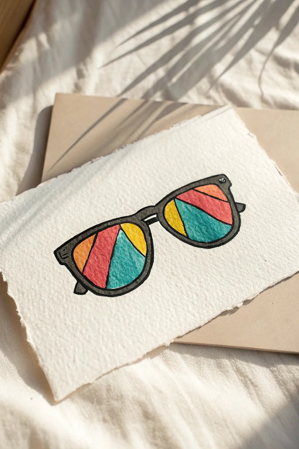 Bold outlined everyday sunglasses in vibrant color blocks, a simple pop art idea to copy today.