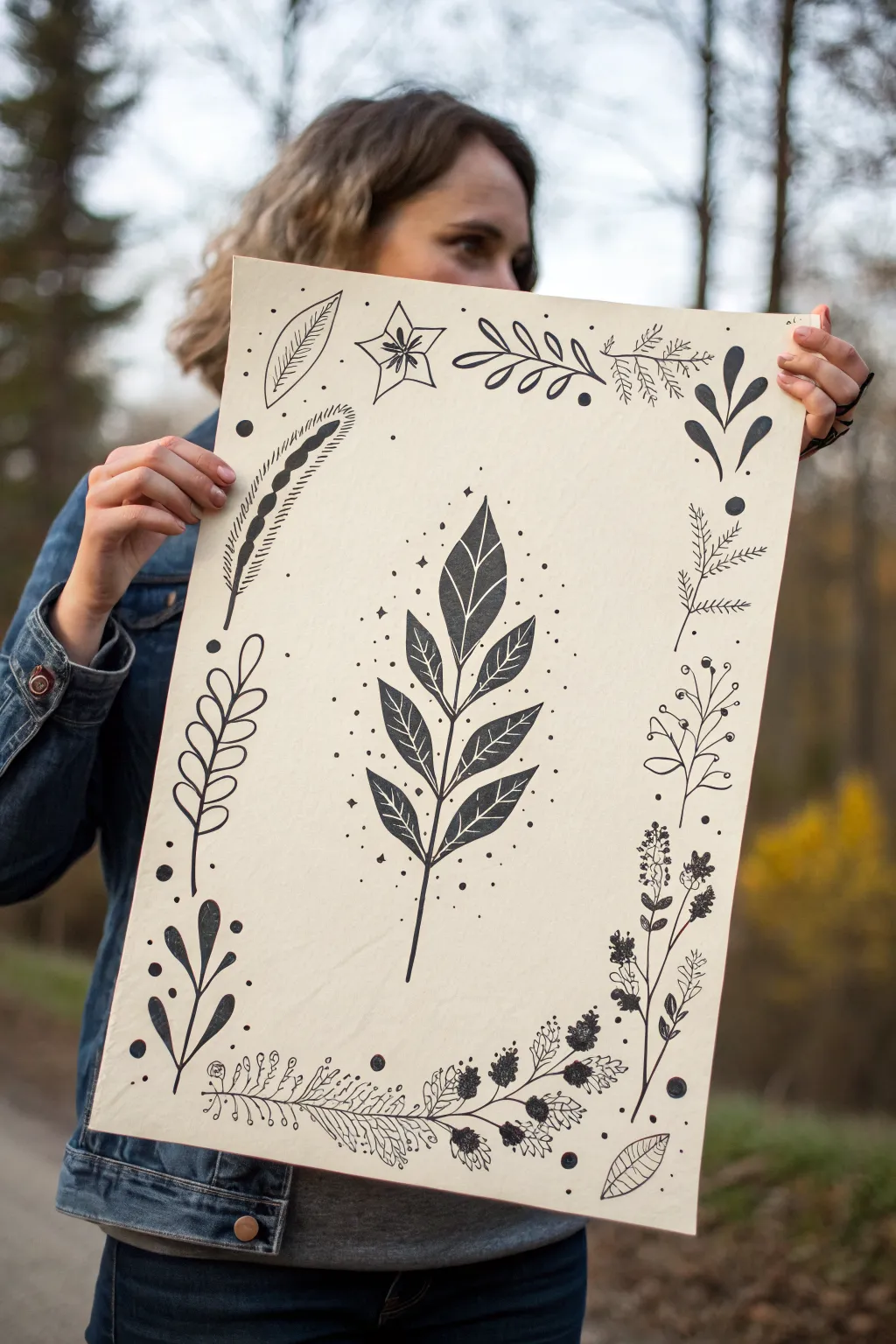 Simple negative space leaf silhouette with bold black doodle fill for an easy modern art look