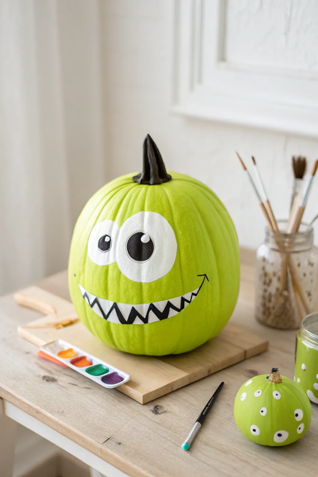 Turn a green pumpkin into a cute monster! This one-eyed DIY is spooky yet adorable.