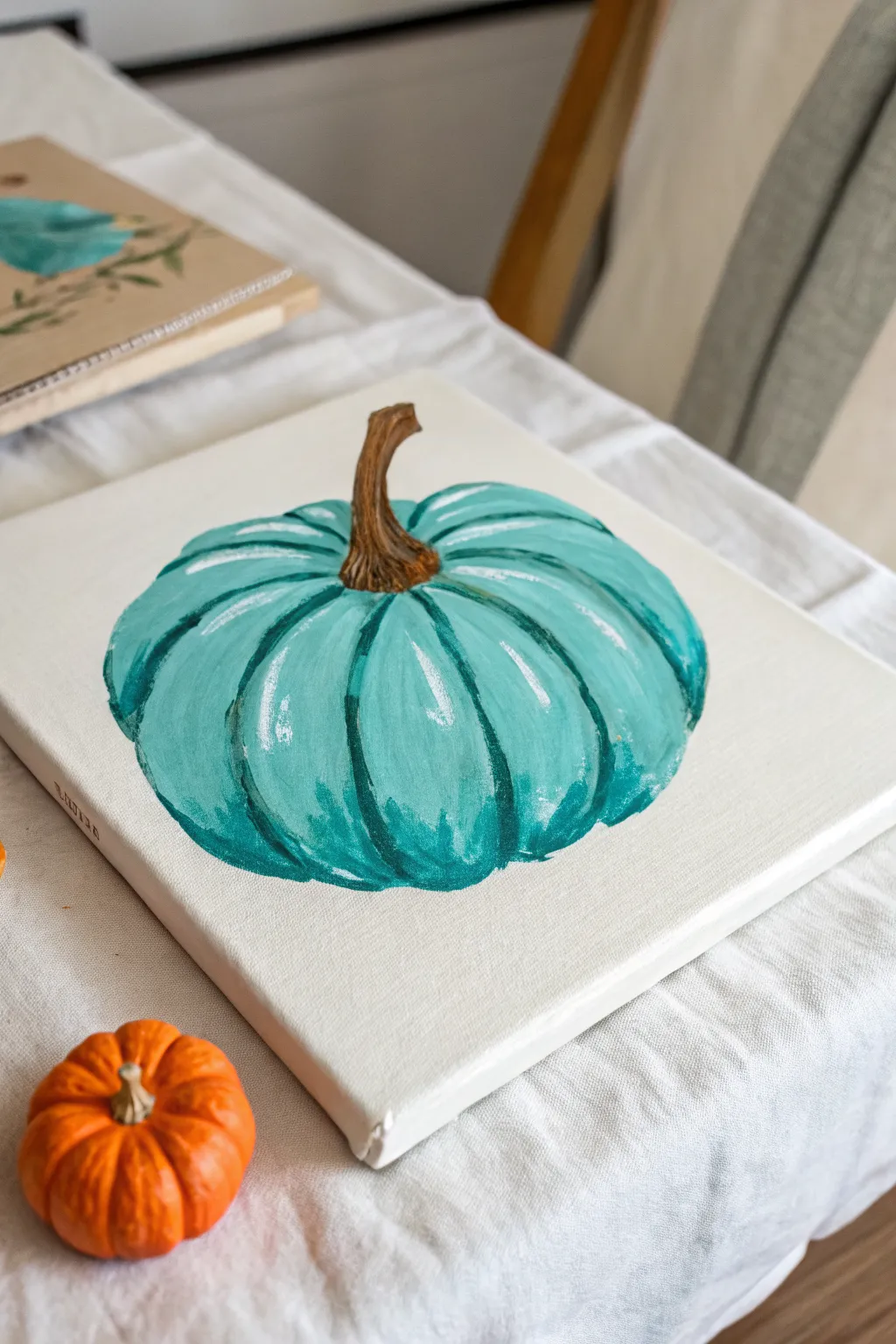 Paint a teal pumpkin on canvas for sleek modern fall style, finished with a tiny orange pop.