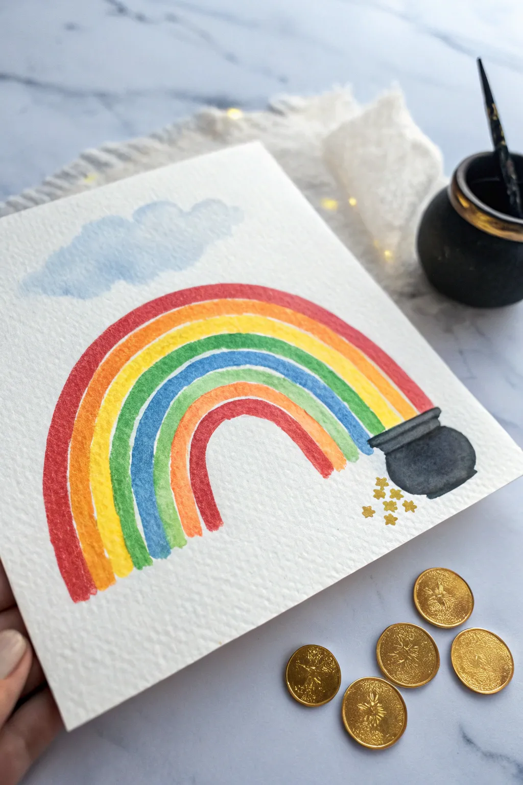 Simple rainbow arc into a dark pot of gold, minimalist and bold, perfect for easy painting.
