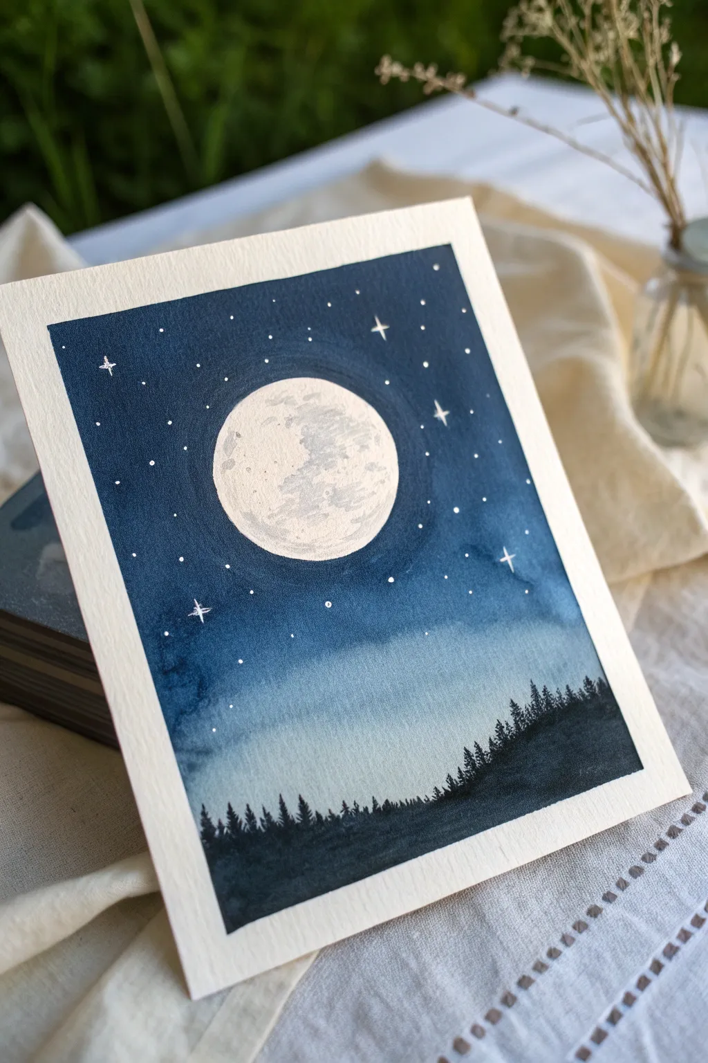 Easy night sky painting idea: deep navy background with a bold full moon and soft star sparkle.