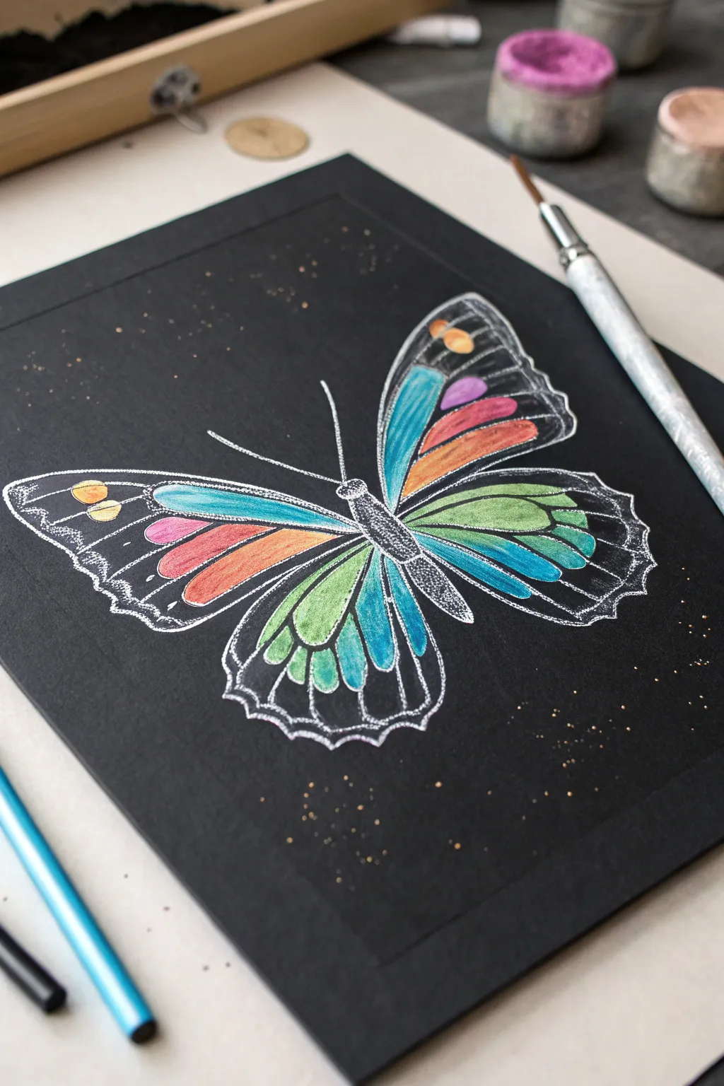 Scratch art butterfly wings with perfect symmetry and vibrant gradients, minimal yet striking