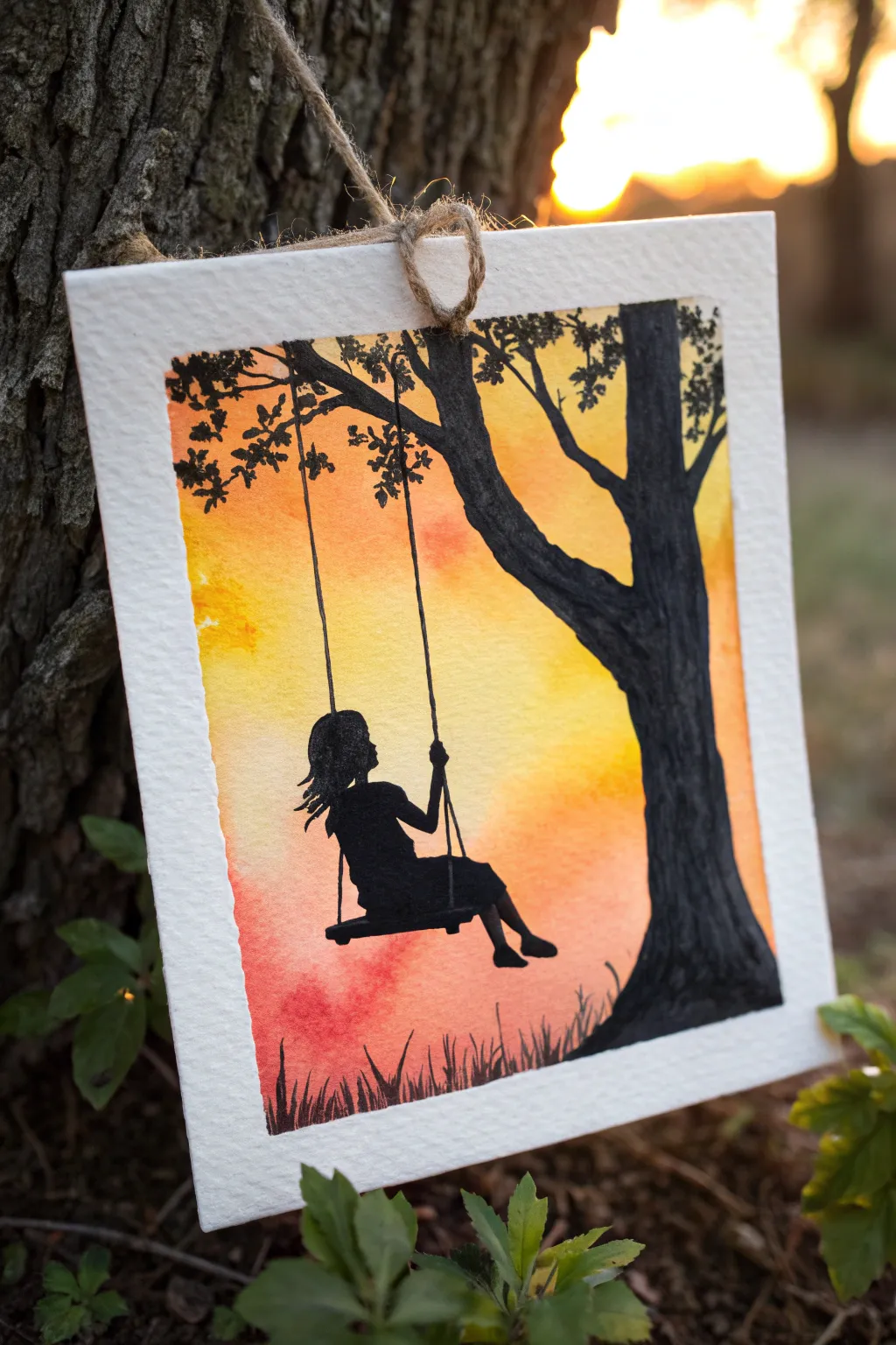 Minimal swing silhouette shadow painting with a bold warm-to-cool gradient sky for strong contrast.