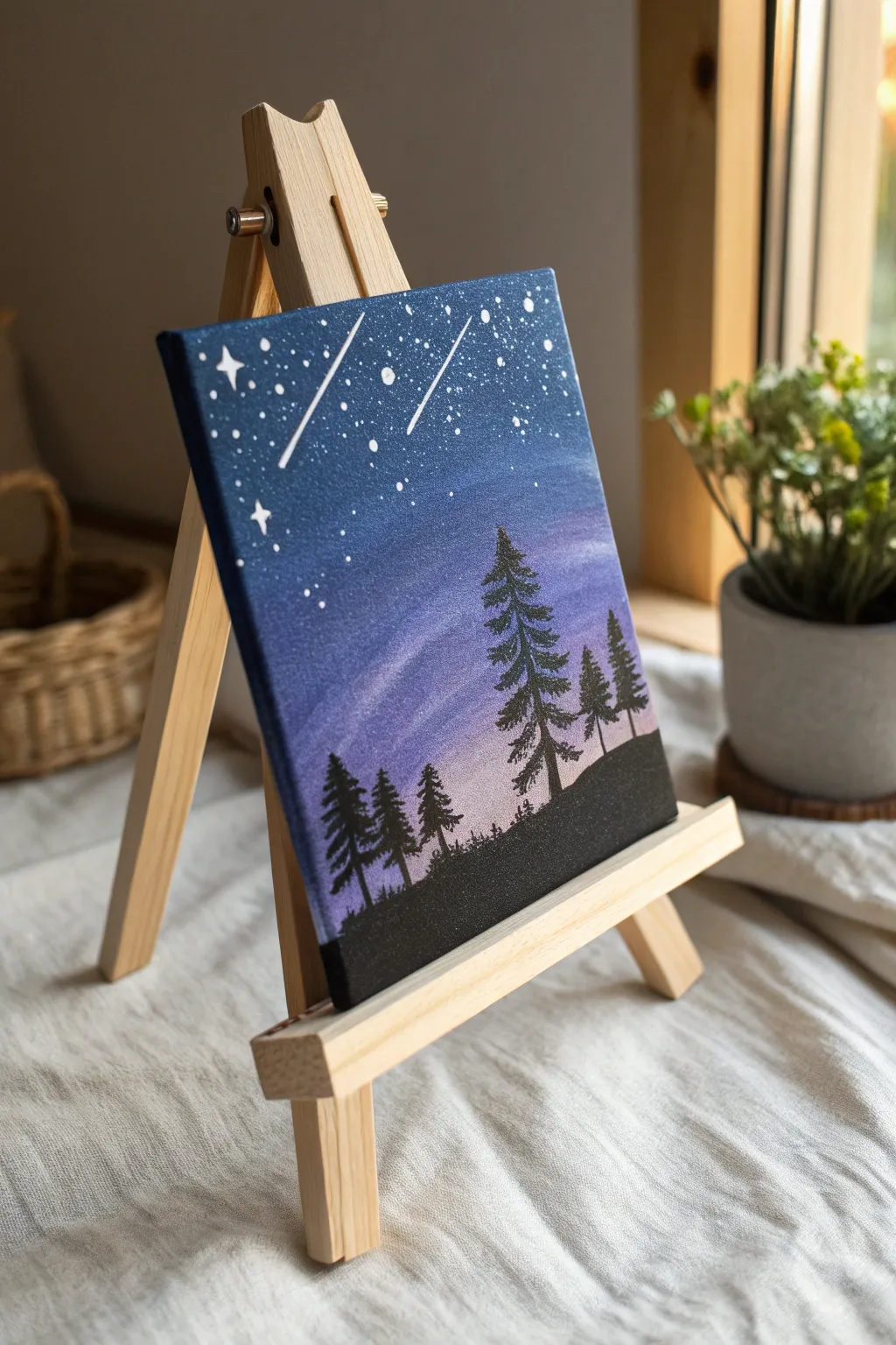 Sip and paint idea: starry blue purple night sky with easy dotted stars and a bold tree line