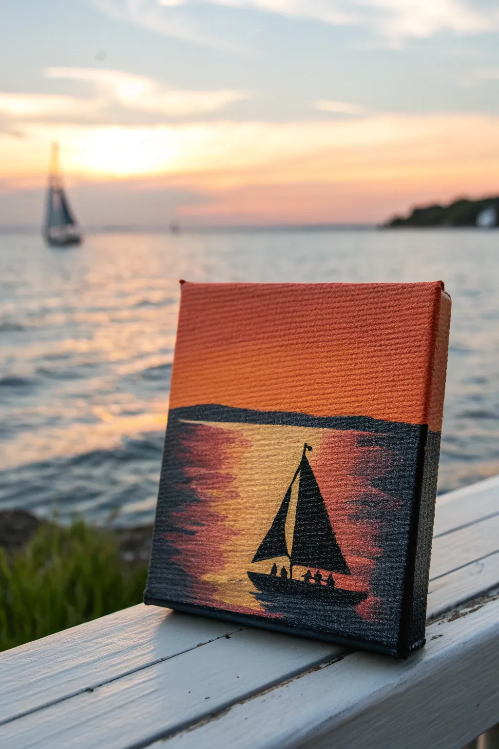 Tiny sailboat at golden hour, a bold minimalist canvas painting idea that beginners can nail.