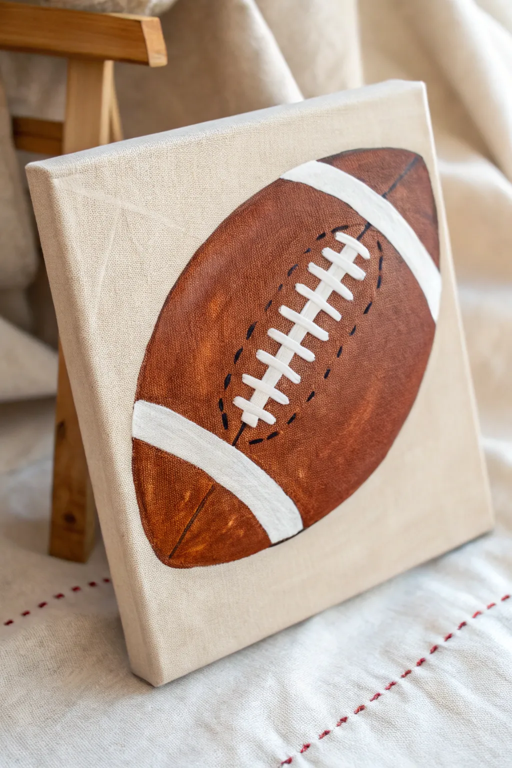 Easy football painting: bold brown shape, crisp white laces, and clean end stripes