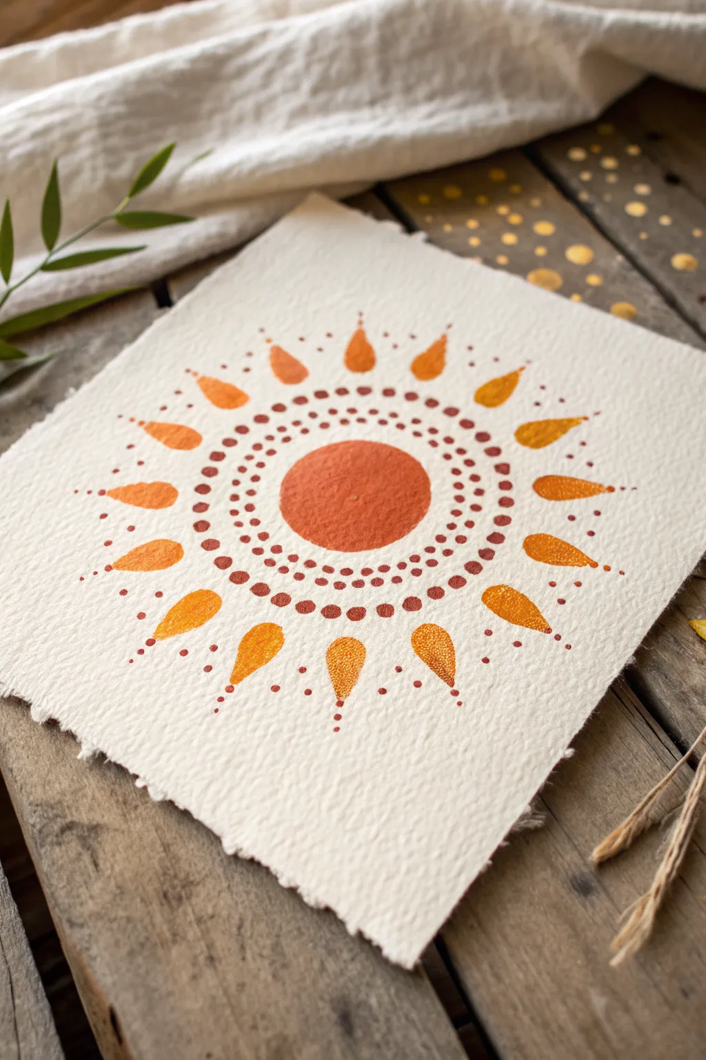 Radiant stippled sun with dot rays fading outward, minimalist Scandinavian style with boho warmth