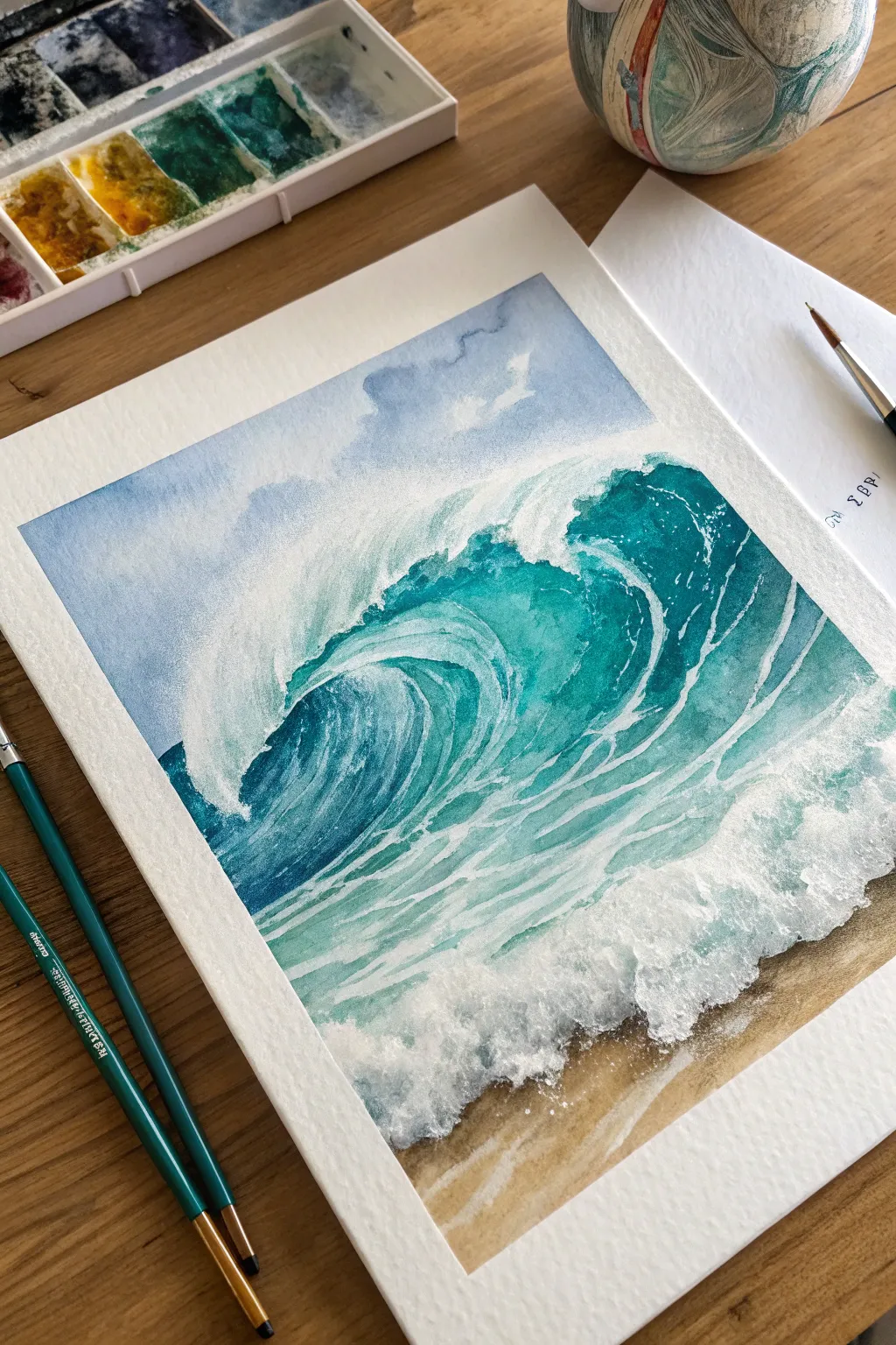 Paint a bold ocean wave with a foamy seafoam edge for an easy, breezy summer artwork.