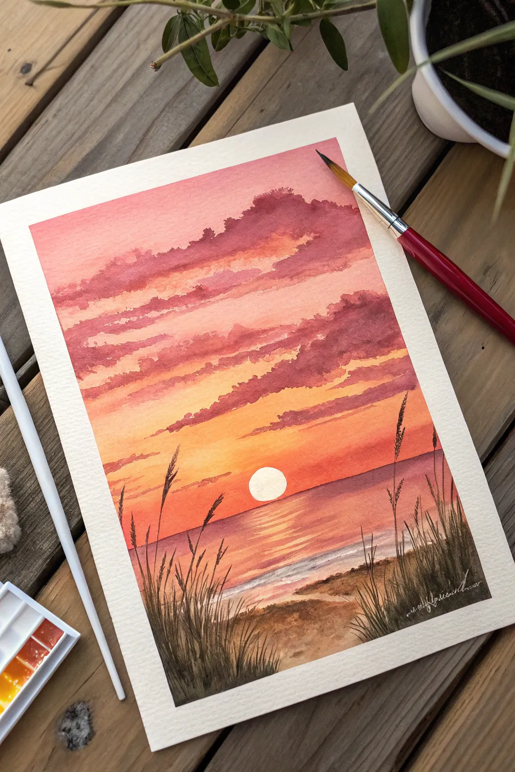 Easy sunset sky: smooth gradient sun and simple cloud bands, minimal yet bold for beginners