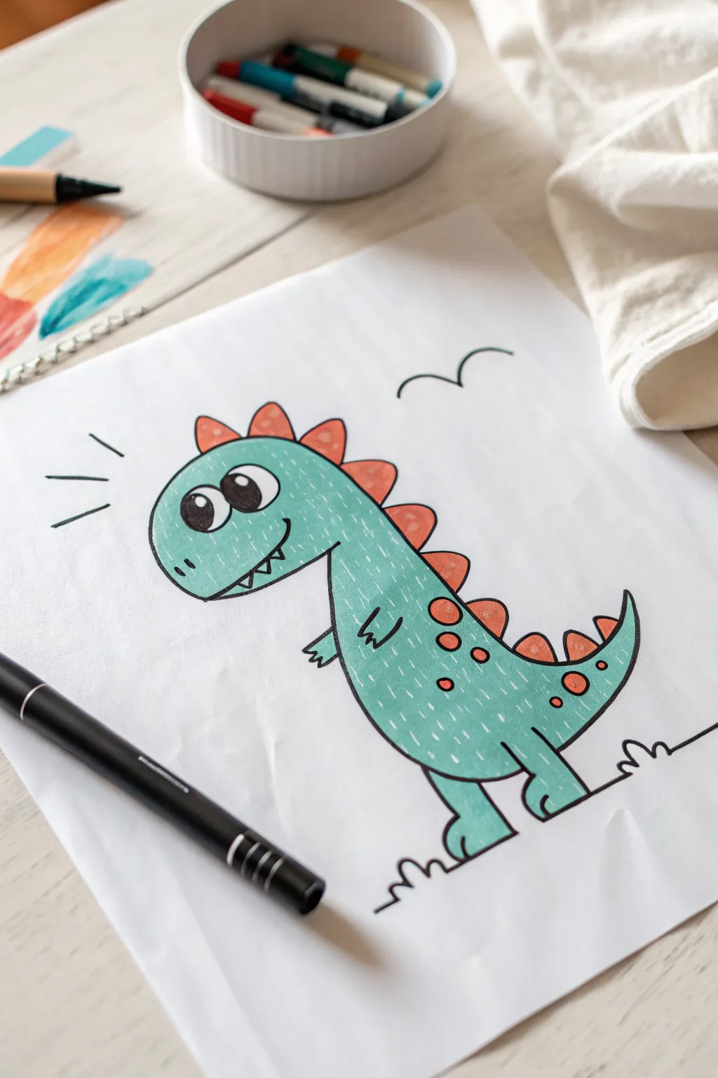 Simple chubby dinosaur with a big smile, bold colors and clean lines kids can copy easily