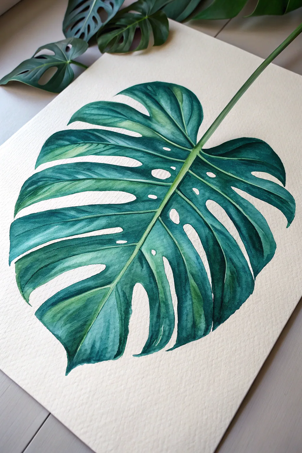 Minimalist monstera leaf close-up painting inspiration with bold tropical greens on clean white.