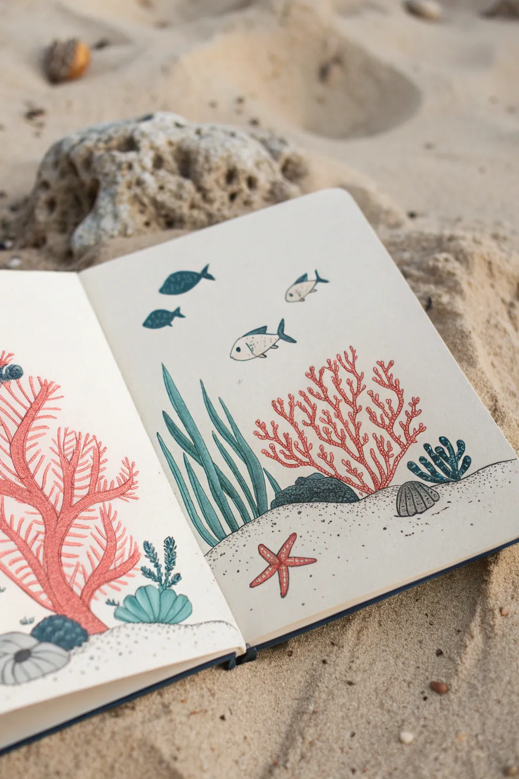 Easy coral reef doodle: tubes and blobs on sand, bold colors for a calm underwater vibe.