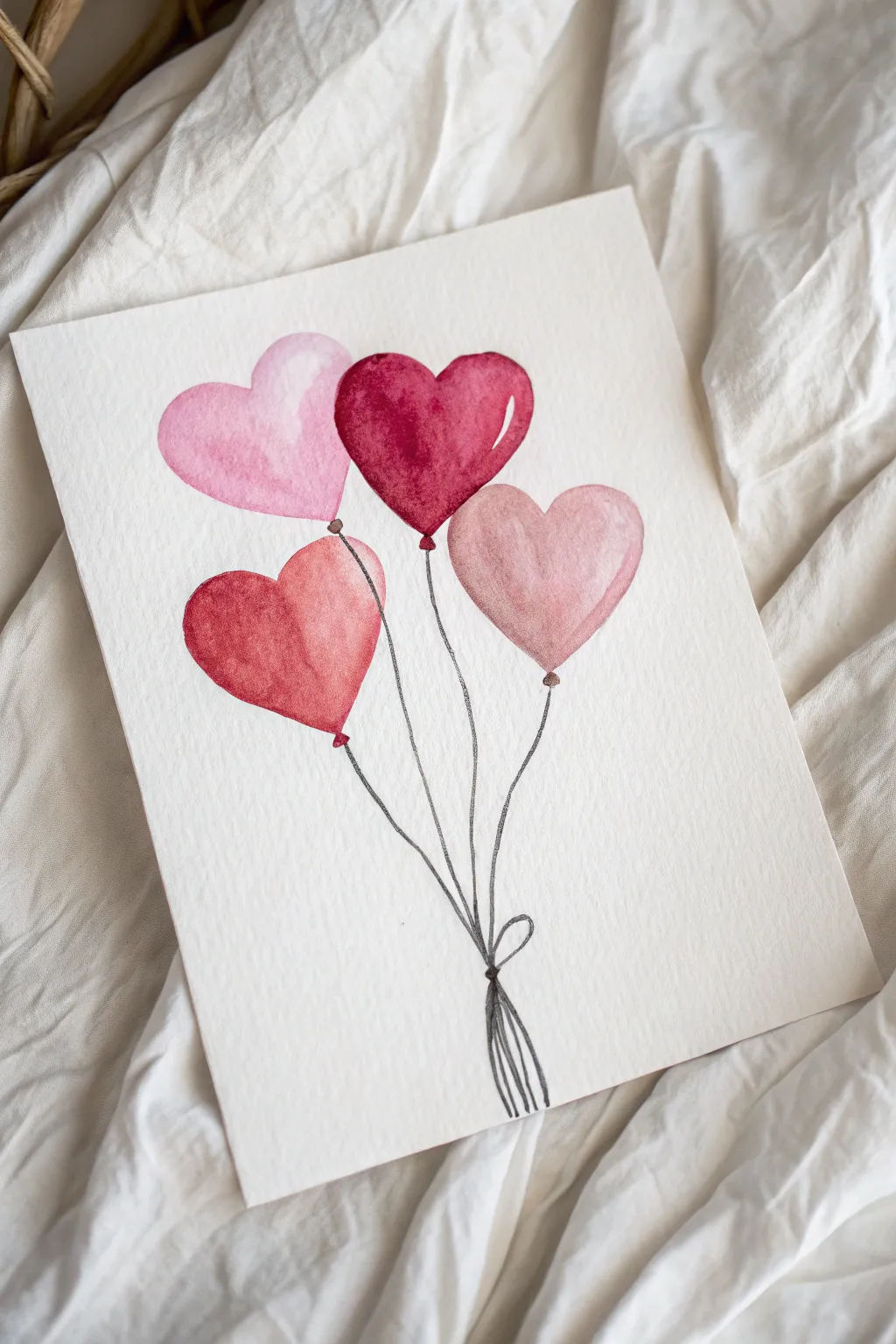 Minimal heart balloon bunch painting in bold pinks and reds, airy Scandinavian Valentine vibe.