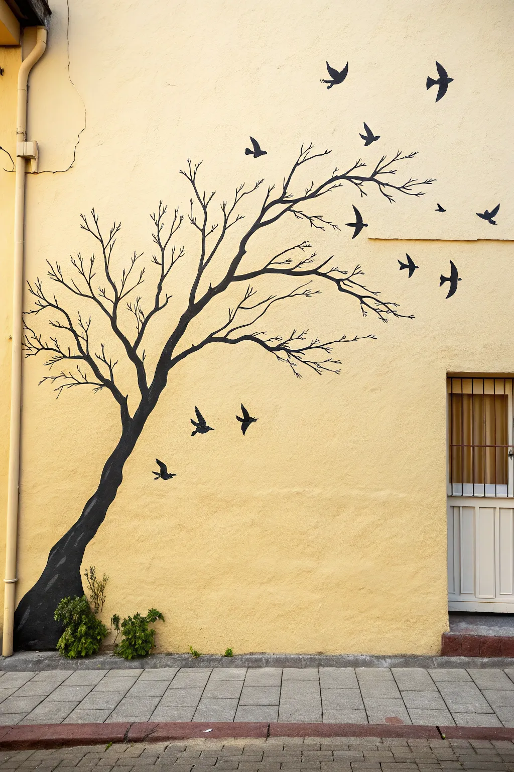 Bold branch and birds silhouette for a crisp, minimalist wall drawing with striking contrast