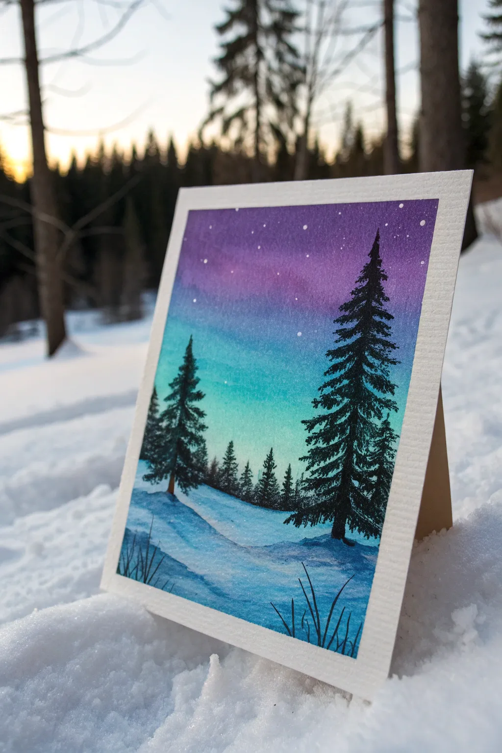 Paint a cozy winter night: pine silhouettes on a teal-to-indigo sky with fresh white snow.