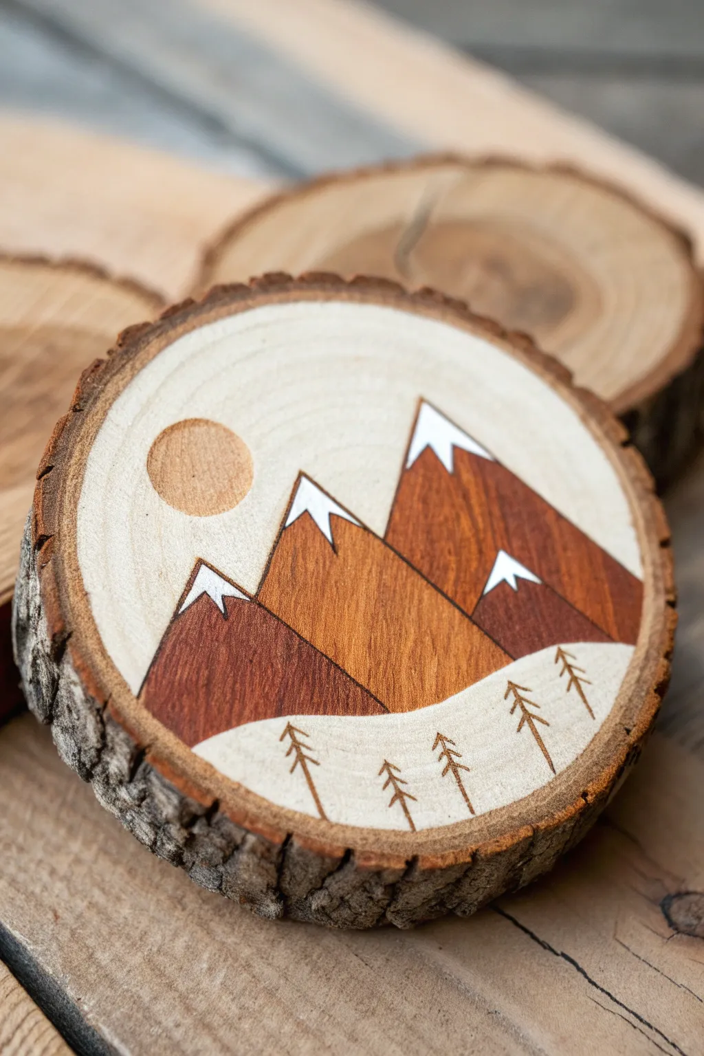 Crisp layered mountains and a tiny sun on a wood round, a bold minimalist beginner DIY.