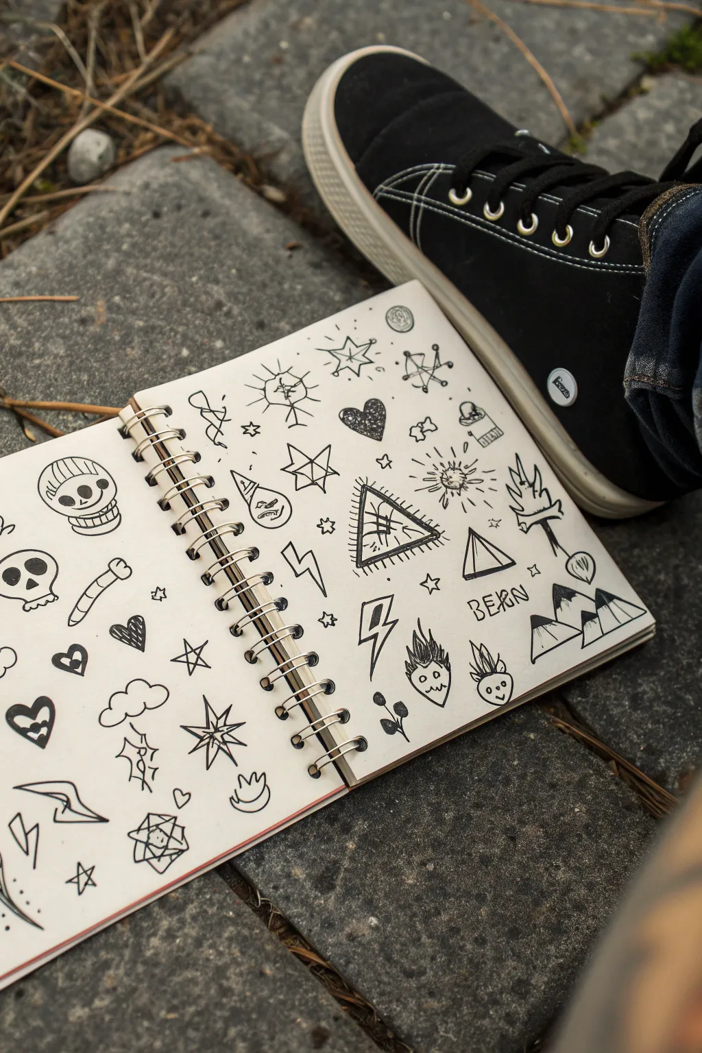 Grunge doodle dump page packed with edgy icons, messy ink textures, and bold color pops