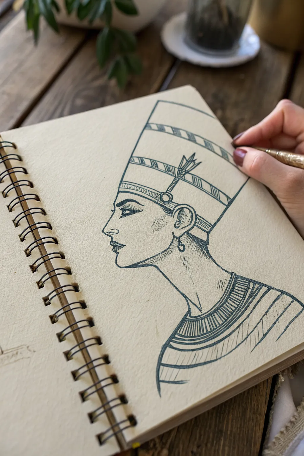 Easy Egyptian queen profile with tall crown, minimalist lines and bold colors for sketching