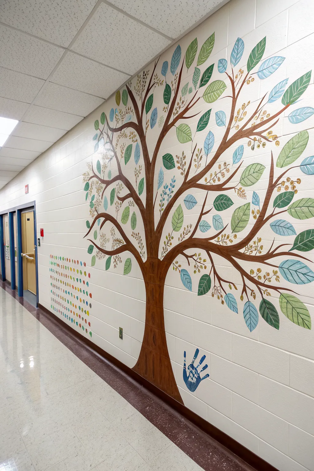 A Tree of Learning mural with blank leaves and a few colorful ones showing class progress